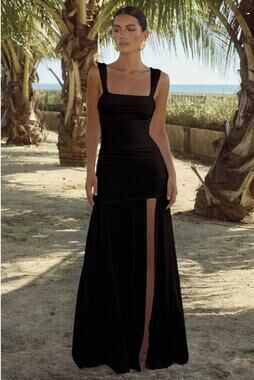 Runaway The Label Carly Maxi Dress M Black Ruched Square Neck High Slit Formal